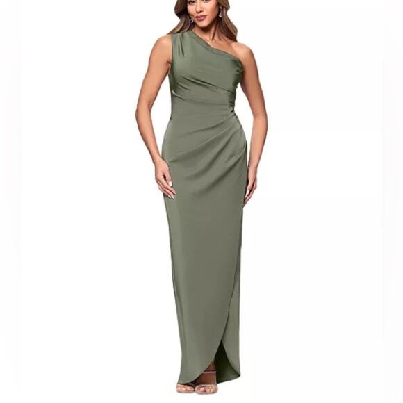 XSCAPE Women's Asymmetric One-Shoulder Satin Gown Moss Sz 10 - Picture 1 of 9